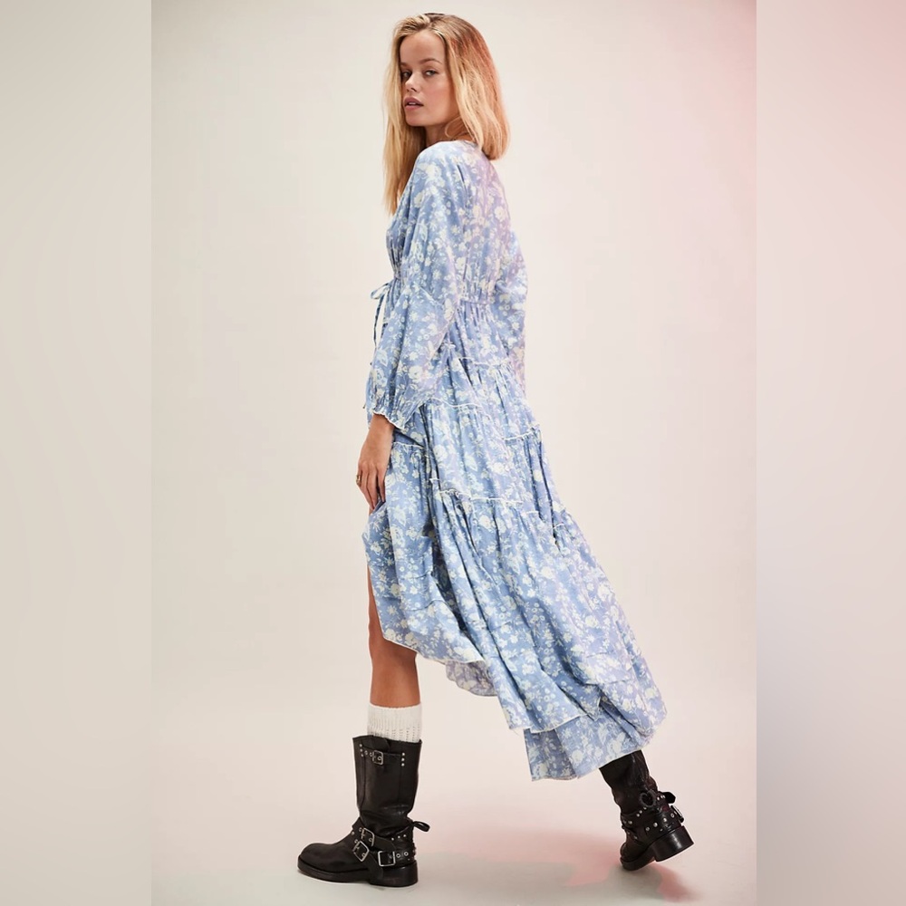 Free People Pale Blue Floral Tiered Long Sleeve Maxi Dress - Picture 2 of 6
